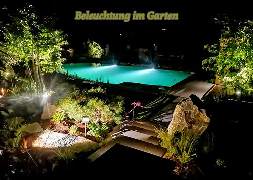 Ein Garten bei Nacht, in dem nur die Gehwegplatten und der Pool beleuchtet sind.