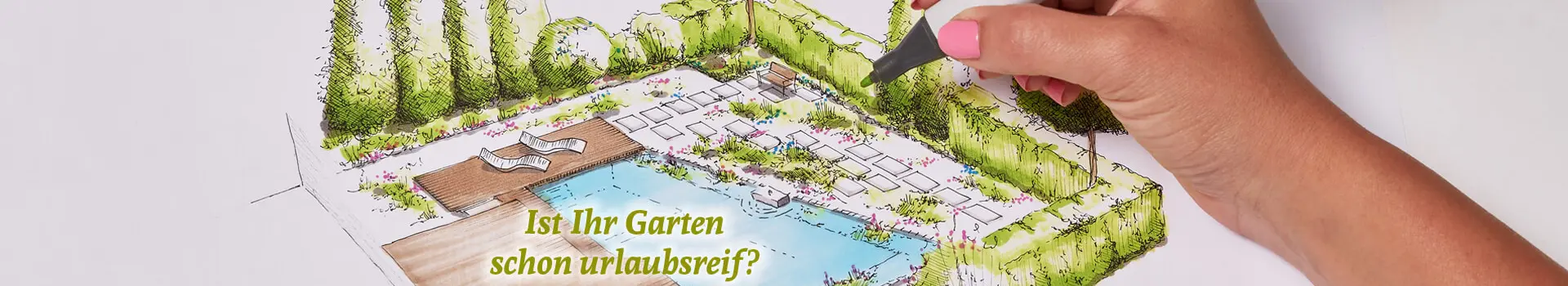 Ein Gartengestalter färbt einen gezeichneten Gartenplan auf Papier ein.